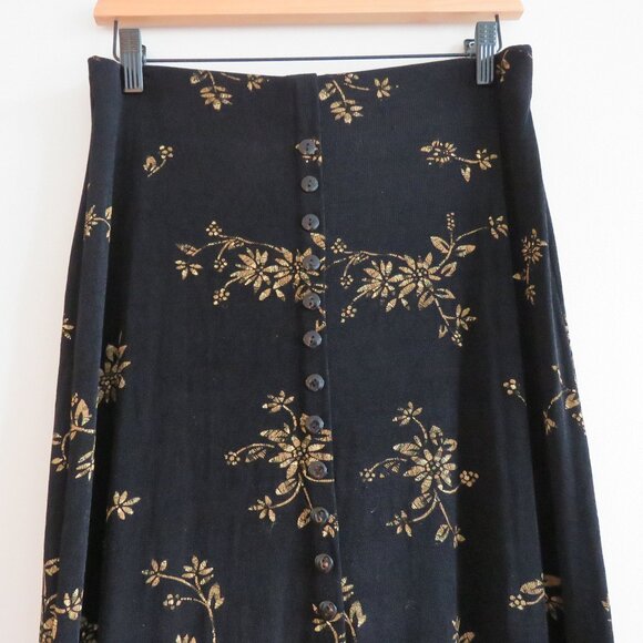 VINTAGE EZ TOWN Y2K Black Gold Floral Stretch Maxi Skirt Friends Whimsigoth Goth - Picture 4 of 13